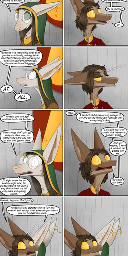 anthro brown_body brown_fur clothing comforting duo dysphoria ear_piercing ear_ring eyeshadow eyewear female fur glasses house_ivenmoth_uniform hug makeup piercing ptsd ring_piercing shelltooth text the_feels unsigned yellow_eyes caedere valsalia out-of-placers kassen_akoll vizlet mammal yinglet absurd_res comic english_description english_text hi_res