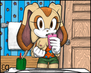 anthro bathroom blush bottomwear breasts brown_eyes camera cellphone clothed clothing container cup electronics female holding_object holding_phone inside looking_at_viewer mirror_selfie nipples off_shoulder one_breast_out open_clothing open_mouth open_shirt open_topwear phone selfie shirt shorts solo topwear towel undressing etchgerbil sega sonic_the_hedgehog_(series) cream_the_rabbit lagomorph leporid mammal rabbit