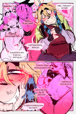 2_panel_comic anthro bite biting_lip blonde_hair blue_highlights blush blush_lines bodily_fluids bottomwear cheek_tuft clothing denim denim_bottomwear denim_clothing dialogue duo eyes_closed facial_tuft fur grin hair half-closed_eyes highlights_(coloring) jeans male narrowed_eyes open_mouth pants raccoon_tail_hair shirt shortstack shortstack_male slightly_chubby slightly_chubby_anthro slightly_chubby_male smile speech_bubble stubble sweat sweatdrop t-shirt tan_body tan_fur text thick_thighs tied_ears topwear tuft wide_hips gat0pussy24 demi_(gat0pussy24) lake_(gat0pussy24) lagomorph leporid mammal procyonid rabbit raccoon comic english_text hi_res nonbinary_(lore)