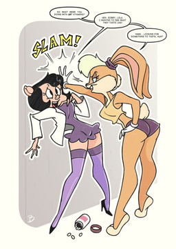 3_toes 4_fingers against_surface against_wall anthro barefoot big_breasts black_clothing black_eyebrows black_eyes black_footwear black_hair black_shoes black_text blonde_hair blue_eyes bottomwear breasts buckteeth butt cheek_tuft clothed clothed_anthro clothed_female clothing cropped_tank_top dress drugs duo ears_tied_back eye_contact eyebrows eyelashes facial_tuft feet female female/female female_anthro fingers flirting footwear fur gloves hair hand_on_hip hand_on_own_hip handwear high_heels hotpants humanoid_hands imminent_sex interspecies kabedon leaning leaning_backward leaning_forward legwear logo looking_at_another multicolored_body multicolored_fur narrowed_eyes nervous open_mouth orange_body orange_ears orange_fur outline pill_bottle pills pink_body pink_ears pink_inner_ear pink_nose pink_skin pink_tongue pumps purple_bottomwear purple_clothing purple_dress purple_legwear purple_shorts purple_stockings shirt shoes short_hair shorts small_waist snout sound_effects speech_bubble standing stockings talking_to_another talking_to_partner tan_body tan_fur tank_top teeth text tiptoes toes tongue toony topwear tuft two_tone_body two_tone_fur white_clothing white_gloves white_handwear white_outline white_text wide_eyed wide_hips yellow_clothing yellow_shirt yellow_tank_top yellow_topwear roger_bacon looney_tunes warner_brothers lola_bunny petunia_pig domestic_pig lagomorph leporid mammal rabbit suid suine sus_(pig) 2026 absurd_res artist_logo english_text full-length_portrait hi_res portrait