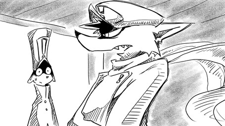 anthro bodily_fluids clothing crossed_arms duo hat headgear headwear male military military_cap military_uniform nervous scarf sharp_teeth soldier sweat teeth temple uniform warrior dragonweirdo kimera_(dragonweirdo) canid canine mammal 16:9 comic hi_res monochrome widescreen