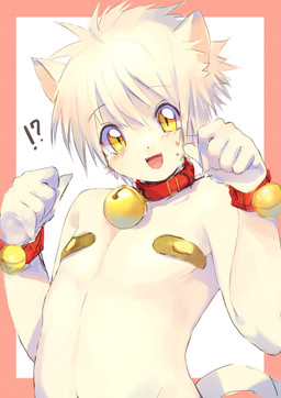 5_fingers anthro band-aid band-aid_on_nipple bandage bare_chest bell bell_bracelet bell_collar blush blush_lines bodily_fluids border collar fangs fingers fur hair interrobang kemono looking_at_viewer male open_mouth open_smile pink_border pupils red_collar shota simple_background slit_pupils smile smiling_at_viewer solo sweat sweatdrop teeth ventral_groove white_background white_body white_ears white_fur white_hair yellow_eyes young young_anthro 4040tinta domestic_cat felid feline felis mammal 2019 absurd_res hi_res