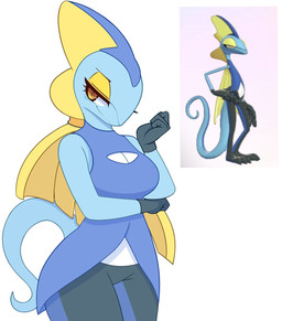 anthro breasts female looking_at_viewer non-mammal_breasts screencap smile solo conditional_dnp pinkcappachino nintendo pokemon generation_8_pokemon inteleon pokemon_(species) scalie 2019 digital_media_(artwork) hi_res reference_image
