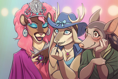 ambiguous_gender anthro antlers blush clothing colored_nails cowboy_hat crown drag_(fashion) drag_king drag_queen ear_piercing ear_ring eyeshadow group happy hat headgear headwear horn makeup nails piercing ring ring_piercing tiara trio glopossum texas_furry_fiesta armadillo cougar felid feline hare lagomorph leporid mammal xenarthran 2026 nonbinary_(lore) trans_(lore) trans_woman_(lore)
