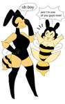 annoyed antennae_(anatomy) anthro arthropod_abdomen big_breasts big_eyes black_body black_exoskeleton black_hair blush blush_stickers breasts brown_eyes cleavage clothed clothing dialogue duo embarrassed empty_eyes exoskeleton eyes_closed facepalm female front_view frown gloves hair hand_on_face handwear happy insect_wings jumping larger_anthro larger_female legwear leotard non-mammal_breasts noseless one-piece_swimsuit open_mouth open_smile short_hair short_stack simple_background size_difference smaller_anthro smaller_female smile speech_bubble standing stinger swimwear text thigh_highs three-quarter_view wavy_mouth wings yellow_body yellow_exoskeleton puppkittyfan1 bitty_(puppkittyfan1) vespa_(puppkittyfan1) arthropod bee hymenopteran insect wasp 2021 5:8 digital_media_(artwork) english_text hi_res