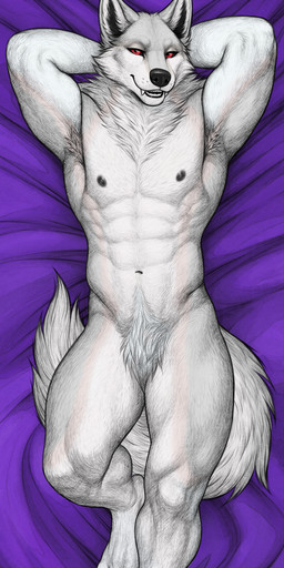 4_toes abs anthro armpit_tuft bedding bedding_background bedroom_eyes biped black_lips black_nipples black_nose black_pawpads black_sclera cheek_tuft claws crotch_tuft dakimakura digitigrade facial_tuft fangs featureless_crotch feet fluffy fluffy_tail fur hands_behind_head inner_ear_fluff lips looking_at_viewer lying male muscular muscular_anthro muscular_male narrowed_eyes navel neck_tuft nipples nude nude_anthro nude_male on_back open_mouth pawpads paws pecs purple_background red_eyes seductive serratus simple_background smile smiling_at_viewer snaggle_teeth snout solo tail teeth text toe_claws toes tuft whisker_spots white_body white_claws white_fur clockhands tamarynn_trovato arctic_wolf canid canine canis mammal wolf 1:3 absurd_res artist_name dakimakura_design hi_res shaded