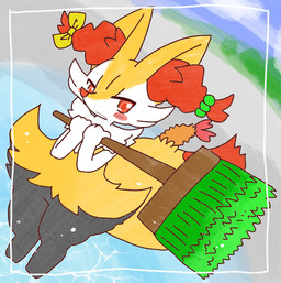 accessory ambiguous_anthro ambiguous_gender anthro biped blank_expression blush blush_stickers bow_ribbon broom cleaning_tool detailed_background digitigrade dipstick_tail dutch_angle food foreshortening front_view hair hair_accessory hair_bow hair_ribbon holding_broom holding_cleaning_tool holding_object looking_at_viewer markings object_in_tail outside ribbons shrimp_(food) snout solo standing tail tail_markings tied_hair annyui0611 nintendo pokemon braixen canid generation_6_pokemon mammal pokemon_(species) 2022 digital_drawing_(artwork) digital_media_(artwork) full-length_portrait hi_res japanese_description portrait translated_description