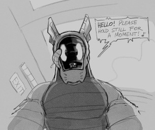 anthro bodily_fluids clothed clothing detailed_background dialogue dripping exit_sign first_person_view greeting licking looking_at_viewer low-angle_view machine male saliva saliva_drip self_lick solo speech_bubble symbol text tongue tongue_out topless topless_anthro topless_male stalvelle robot robot_anthro synth_(vader-san) english_text monochrome