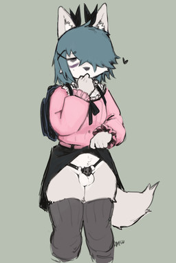 anthro balls black_bottomwear black_chastity_cage black_clothing black_legwear black_nose black_skirt black_thigh_highs blue_hair bottomwear chastity_cage chastity_device clothed clothing clothing_lift covering covering_mouth fur genitals green_background hair hair_over_eye heart_symbol humanoid_hands inner_ear_fluff legwear looking_at_viewer no_underwear pink_top simple_background skirt skirt_lift solo standing stylized_chastity_cage tail thigh_highs tuft wearing_chastity_cage wearing_chastity_device white_body white_fur white_inner_ear_fluff hatsumiilkshake tera_(hatsumiilkshake) 2026 digital_drawing_(artwork) digital_media_(artwork) english_description hi_res trans_(lore) trans_woman_(lore)