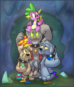 3_toes 4_fingers arms_bent arms_in_front backpack barefoot bent_arm bent_legs big_eyes big_head blue_body blue_fur bottomless carrying_another cave clothed clothing collar digitigrade ear_grab extended_arm featureless_crotch feet fingers front_view fur gem glistening glistening_eyes green_eyes group hand_on_ear hand_on_own_ear holding_gem holding_object inside looking_at_gem looking_at_object looking_up male nude on_head open_mouth open_smile purple_body purple_skin raised_arms raised_hand sitting size_difference smile standing tan_body tan_fur toes toony topwear touching_ear touching_own_ear vest yellow_eyes orlandofox cc-by-nc-nd creative_commons friendship_is_magic hasbro my_little_pony mythology spike_(mlp) canid diamond_dog_(mlp) dragon mammal mythological_creature mythological_scalie scalie 2014 hi_res