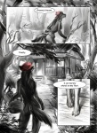 12-tf anthro basket building canid canine canis clothing comic comic_sans container detailed_background dialogue digitigrade english_text fairy_tales female forest greyscale hat headgear headwear house little_red_riding_hood little_red_riding_hood_(copyright) mammal monochrome nude outside paws plant red_clothing red_hat red_headwear text torn_clothing tree wolf