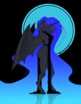 anthro black_clothing black_dress blue_eyes breasts clothing dress ethereal_hair ethereal_tail female genitals grey_body horn membrane_(anatomy) membranous_wings pussy side_boob solo sparkles wings kirasunnight friendship_is_magic hasbro my_little_pony mythology nightmare_moon_(mlp) equid equine mammal mythological_creature mythological_equine winged_unicorn absurd_res hi_res