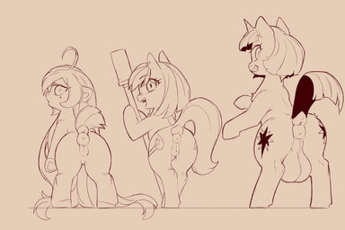 animal_genitalia animal_vulva anus balls big_balls ear_piercing equine_genitalia equine_vulva female feral genitals group gynomorph hair hooves horn intersex long_hair mole_under_eye open_mouth open_smile piercing puffy_anus rear_view sharp_teeth short_hair short_tail smile tail teeth trio vulva cold-blooded-twilight friendship_is_magic hasbro my_little_pony mythology tundra_sparkle_(cold-blooded-twilight) twilight_sparkle_(mlp) earth_pony equid equine horse mammal mythological_creature mythological_equine pony unicorn 2024 3:2 monochrome