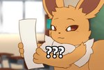 3_fingers :3 ambiguous_gender blurred_background brown_body brown_eyes brown_fur classroom fingers fur holding_object holding_paper inside neck_tuft paper question_mark school solo tuft sylvpak nintendo pokemon eevee generation_1_pokemon pokemon_(species) meme reaction_image