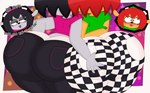 2_horns 5_fingers abstract_background anthro big_butt black_bottomwear black_clothing black_eyes black_hair black_jeans black_pants blue_eyes blush bottomwear brown_body brown_fur bubble_butt butt butt_focus butt_grab butt_squish checkered checkered_bottomwear checkered_clothing checkered_pants clothing crop_top curvy_anthro curvy_female curvy_figure denim denim_bottomwear denim_clothing dialogue duo eyelashes female female/female fingers fur green_clothing green_shirt green_topwear grey_body grey_fur grey_lipstick grope hair hand_on_butt horn huge_butt huge_hips huge_thighs jeans lipstick makeup midriff motion_lines pants pattern_bottomwear pattern_clothing pattern_pants pink_clothing pink_lipstick pink_shirt pink_topwear rear_view red_hair shirt short_hair smile squish text thick_thighs topwear voluptuous voluptuous_anthro voluptuous_female wide_hipped_anthro wide_hipped_female wide_hips 3barts parappa_the_rapper sony_corporation sony_interactive_entertainment um_jammer_lammy lammy_lamb rammy_lamb bovid caprine mammal sheep 2025 absurd_res digital_drawing_(artwork) digital_media_(artwork) english_text hi_res