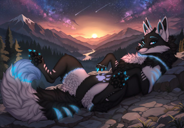 4_ears ambiguous_feral ambiguous_gender arm_markings belly belly_markings black_body black_fur black_pawpads black_tuft blue_body blue_claws blue_eyelashes blue_eyes blue_fur butt claws cliff detailed_background digitigrade dipstick_tail eyelashes facial_markings featureless_crotch feral fluffy fluffy_tail footprint forest fur fur_markings glowing glowing_body glowing_claws glowing_ears glowing_eyelashes glowing_fur glowing_markings glowing_tattoo grass head_markings leg_markings looking_at_viewer looking_forward lying lying_on_ground markings mountain mountain_range multi_ear multicolored_body multicolored_fur neck_tuft on_back on_ground outside pawpads pawprint pawprint_(marking) pawprint_tattoo plant pointy_ears presenting presenting_hindquarters prick_ears pubic_tattoo pupils quadruped ring_(marking) river rock shooting_star sky smile smiling_at_viewer solo spread_legs spreading star starry_sky sun sunset tail tail_aside tail_markings tattoo text tree tuft whiskers white_body white_fur white_markings white_tuft womb_tattoo a.o.kigahara_(artist) taka_(artist) canid canine canis hybrid mammal wolf 2026 artist_collaboration artist_name detailed digital_drawing_(artwork) digital_media_(artwork) hi_res shaded signature