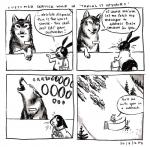 2012 4koma anne_barnetson base_two_layout black_nose canid canine canis comic customer_service_wolf dialogue ears_down english_text exclamation_point feral four_frame_image grid_layout group imminent_death lagomorph leporid mammal ominous onomatopoeia pivoted_ears rabbit snout sound_effects speech_bubble text traditional_media_(artwork) two_row_layout wolf