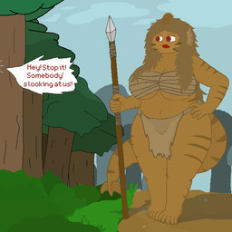 5_fingers big_breasts big_hair bottomwear breasts brown_hair clothing curvy_figure detailed_background feet female fin fingers forest gills hair holding_melee_weapon holding_object holding_polearm holding_spear holding_weapon loincloth long_hair lure_(anatomy) melee_weapon messy_hair navel open_mouth outside path plant plantigrade polearm pose red_eyes shadow sharp_teeth sky slightly_chubby solo spear speech_bubble stripes tail teeth text thick_thighs tree voluptuous weapon wide_hips a_careless_fabricator juvenile_tiger_fish anglerfish aquatic fish hybrid lemon_shark requiem_shark shark tiger_shark 1:1 2025 digital_media_(artwork) pixel_(artwork) shaded