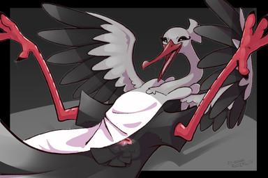 animal_genitalia avian_butt avian_feet beak bedroom_eyes biped black_background black_body black_border black_eyes black_feathers bodily_fluids border cloaca cloaca_juice cloacal clothed clothed_feral clothing eyelashes feathered_wings feathers feet female feral genital_fluids genitals glistening half-closed_eyes legs_up long_neck looking_at_viewer lying multicolored_body narrowed_eyes on_back open_beak open_mouth open_smile pink_genitals pose presenting presenting_cloaca saliva saliva_string seductive simple_background smile solo spread_legs spread_wings spreading tail tail_feathers talons toes tongue two_tone_body white_body white_clothing white_feathers wings rozalid nintendo pokemon avian bird bombirdier generation_9_pokemon pokemon_(species) stork 3:2 digital_drawing_(artwork) digital_media_(artwork) hi_res pinup shaded
