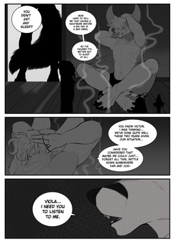 anthro clothed clothing cracked_wall crossed_legs dialogue duo floor idol_(object) male mouth_shot open_mouth silhouette sitting sitting_on_ground smoke solo statuette tattoo text tying_hair underwear underwear_only wood wood_floor viola_bat victor_johansen viola_bat_(character) bat canid canine fox mammal absurd_res comic english_text hi_res monochrome