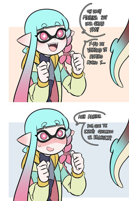 blush cross_pupils duo eyebrows eyelashes fangs female gradient_hair green_hair hair humanoid_pointy_ears open_mouth pale_skin pink_eyes pointy_ears red_hair smile speech_bubble teeth text thick_eyebrows unknown_artist nintendo splatoon marina_(splatoon) aquatic cephalopod inkling mollusk hi_res spanish_text translated