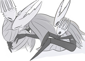 2_horns 7_horns ambiguous_gender anthro between_legs black_body black_eyes cloak clothing duo eyes_closed grey_cloak grey_clothing grey_robe hand_on_head hand_under_chin happy holding_another holding_head horn hug multi_horn on_lap robe simple_background sitting sitting_on_ground sitting_on_lap size_difference spikes spikes_(anatomy) white_background white_body white_head souhakuno_tinko hollow_knight_(franchise) team_cherry hollow_knight_(character) pale_king_(hollow_knight) pure_vessel_(hollow_knight) arthropod insect vessel_(species) 2026 colored_sketch digital_media_(artwork) flat_colors sketch father_(lore) father_and_child_(lore) male_(lore) nonbinary_(lore) parent_(lore) parent_and_child_(lore)