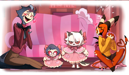 accessory aged_down angry annoyed anthro bow_ribbon clothing dress family family_photo female frilly frilly_clothing frilly_dress furniture group hair_accessory hair_bow hair_ribbon heart_symbol husband_and_husband imminent_violence kneeling living_room male ribbons sitting sofa young verosiie hellaverse helluva_boss mythology blitzo_(helluva_boss) loona_(helluva_boss) octavia_(helluva_boss) stolas_(helluva_boss) avian bird canid canid_demon canine canis demon hellhound imp mammal mythological_canine mythological_creature owl wolf absurd_res hi_res daughter_(lore) father_(lore) father_and_child_(lore) father_and_daughter_(lore) parent_(lore) parent_and_child_(lore) parent_and_daughter_(lore) sibling_(lore) sister_(lore) sisters_(lore) stepsibling_(lore) stepsister_(lore)