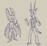 anthro barefoot bat_wings belt big_ears bottomwear can clothed clothing container duo feet fully_clothed holding_can holding_container holding_object male membrane_(anatomy) membranous_wings pants suspenders tail wings keenadraws nan_quest henry_(nq) pablo_(nq) antelope bat bovid gazelle mammal 2017 absurd_res cel_shading digital_media_(artwork) hi_res shaded sketch