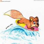 female feral fur smile solo surf surfboard surfing text tongue water wave yordraw jungledyret_hugo rita_(jungledyret) canid canine fox mammal red_fox true_fox 1:1 hi_res