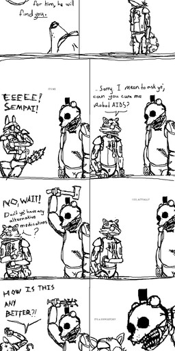 anthro axe eye_patch eyewear female hook machine male melee_weapon scared text weapon unknown_artist five_nights_at_freddy's five_nights_at_freddy's_2 scottgames bonnie_(fnaf) chica_(fnaf) foxy_(fnaf) golden_freddy_(fnaf) animatronic avian bear bird canid canine chicken fox galliform lagomorph leporid mammal phasianid rabbit robot absurd_res digital_drawing_(artwork) digital_media_(artwork) english_text hi_res monochrome sketch