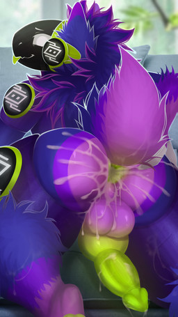 after_anal after_sex animal_genitalia animal_penis anthro anus backsack balls blep blue_body blue_fur bodily_fluids butt canine_genitalia canine_penis cum cum_in_ass cum_inside cum_on_balls cum_on_butt cum_on_leg cum_on_penis cum_on_tail cum_splatter cum_string dipstick_ears dipstick_feathers ear_markings fluffy fluffy_arms fluffy_ears fluffy_hair fluffy_legs fluffy_tail fur furniture genital_fluids genitals green_anus green_pawpads green_penis green_tongue hair hand_on_butt highlights_(coloring) knot knotted_penis looking_at_viewer looking_back machine male metal metallic_body multicolored_ears nub_tail pawpads paws penis pink_arms pink_balls pink_body pink_butt pink_fur pink_highlights pink_paws pink_tail plant pose presenting presenting_anus presenting_balls presenting_hindquarters presenting_penis protogen_armor protogen_visor pupils purple_arms purple_body purple_butt purple_ear_tips purple_fur purple_hair purple_tail robotic robotic_arm robotic_leg robotic_limb sex sofa sofa_sex solo spread_anus spread_butt spreading tail tongue tongue_out tricolor_fur white_eyes white_fingers white_pupils macyw quartz_xtal protogen 9:16 hi_res shaded