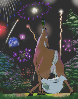 alcohol alcohol_bottle anatomically_correct anatomically_correct_genitalia anatomically_correct_vulva animal_genitalia animal_vulva anus beverage bodily_fluids cervine_genitalia champagne clothed clothing crouching detailed_background diaper diaper_down diaper_only diaper_use drinking female feral fireworks genital_fluids genitals open_diaper peeing raised_tail tail topless unclean_diaper urine urine_stream used_diaper vulva watersports wearing_diaper wet_diaper wetting wetting_diaper twistedewe cervine deer mammal hi_res