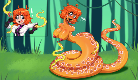 ambiguous_gender anthro armless before_and_after blush breasts butt clothing fangs female feral forced forced_transformation forest forked_tail gloves grass group hair handwear human_to_anthro interrobang looking_down nipples nude open_mouth orange_body orange_scales plant scales shirt solo_focus species_transformation surprised tail teeth tongue tongue_out topwear transformation tree unusual_anatomy unusual_tail flybeeth helen_castle human mammal reptile scalie snake 2025 absurd_res digital_media_(artwork) hi_res