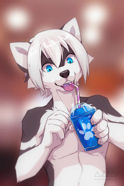 anthro bangs black_nose blue_eyes blurred_background cheek_tuft claws container cup drinking drinking_straw facial_tuft fangs fur grey_body grey_fur hair holding_container holding_cup holding_object looking_down male monotone_hair multicolored_body multicolored_fur nude open_mouth pink_tongue short_hair slushie smile solo teeth tongue tongue_out tuft two_tone_body two_tone_fur white_body white_claws white_fur white_hair azzai canid canine canis domestic_dog husky mammal nordic_sled_dog spitz 2019 colored colored_sketch digital_drawing_(artwork) digital_media_(artwork) shaded sketch
