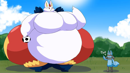anthro ball belly big_belly big_breasts black_body black_inner_ear blue_body blue_ears blue_sky blue_tail breasts buckteeth cloud dialogue duo female gesture grass hand_gesture holding_ball holding_object huge_belly huge_breasts huge_thighs hyper hyper_belly hyper_breasts hyper_thighs male morbidly_obese morbidly_obese_anthro morbidly_obese_female multicolored_body obese obese_anthro obese_female one_eye_closed open_mouth open_smile outside overweight overweight_anthro overweight_female plant red_body red_eyes red_mouth red_nose red_tongue shrub sky smile soccer_ball tail teeth text thick_thighs thumbs_up tongue two_tone_body white_body white_ears wink yellow_inner_ear adansin nintendo pokemon sally_(adansin) cinderace generation_4_pokemon generation_8_pokemon lagomorph leporid mammal pokemon_(species) rabbit riolu 16:9 2024 cel_shading colored digital_media_(artwork) english_text hi_res shaded widescreen