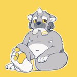 anthro belly feet humanoid_hands kemono male navel overweight overweight_anthro overweight_male simple_background sitting solo yellow_background flappydog asian_mythology east_asian_mythology japanese_mythology mythology foo_dog komainu mammal yokai 1:1 2020