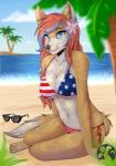 accessory american_flag american_flag_bikini anthro beach bikini biped blue_eyes blue_hair breasts cleavage clothed clothing detailed_background eyewear female flag flag_bikini flag_clothing flag_print flag_swimwear flower flower_in_hair fur hair hair_accessory looking_at_viewer navel nipple_outline outside palm_tree plant print_bikini print_clothing print_swimwear red_hair sand sea seaside sitting sky smile solo sunglasses swimwear tan_body tan_fur tree two-piece_swimsuit underwear united_states_of_america water white_body white_fur lunarii grace_kaiser canid canine fox mammal 2015 digital_media_(artwork) shaded