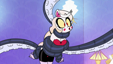 bare_shoulders bikini black_body black_bottomwear black_clothing black_nails black_shorts black_tentacles blonde_hair blush blush_stickers bottomwear breasts cleavage clothed clothing colored_nails detailed_background female hair inside lamp legs_together male male/female nails open_mouth ponytail red_bikini_top red_eyes restrained restrained_arms restrained_by_tentacles sconce shorts strapless_bikini strapless_clothing strapless_swimwear suckers swimwear tentacle_around_arms tentacle_around_neck tentacles two-piece_swimsuit wallpaper_(decoration) white_body white_skin yellow_sclera poparc_nsfw third-party_edit hazbin_hotel hellaverse charlie_morningstar edwin_(poparc_nsfw) aquatic cephalopod coleoid demon demon_humanoid humanoid mollusk octopodiform 16:9 2024 hi_res screencap_edit widescreen