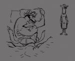 anthro anthro_on_anthro bed clothed clothing duo eyebrows facial_hair furniture male male/male mustache sleeping sleeping_together topless underwear unibrow conditional_dnp orf buddy_thunderstruck_(series) artichoke_(buddy_thunderstruck) mr._weaselbrat_(buddy_thunderstruck) canid canine canis domestic_dog mammal mustelid musteline true_musteline weasel monochrome