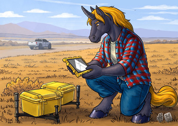 anthro barefoot blonde_eyebrows blonde_hair blue_bottomwear blue_clothing blue_pants blue_sky blue_topwear bottomwear car clothed clothing crouching day eyebrows feet grey_body grey_horn hair holding_object hooves horn long_hair male male_anthro mouth_closed open_clothing open_topwear outside pants red_clothing red_topwear sky solo tail topwear vehicle white_clothing white_topwear yellow_eyes yellow_tail hufnaar mythology equid equine mammal mythological_creature mythological_equine unicorn 2026 dated