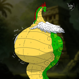 ambiguous_gender belly big_belly feathers feral green_body hair overweight red_hair rumbling_stomach solo text tongue tongue_out white_body white_feathers white_wings wings yellow_belly yellow_eyes yauhasart reptile scalie snake 1:1 2026 english_text hi_res watermark
