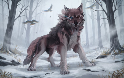 ambiguous_feral ambiguous_gender back_tuft black_claws black_nose blue_eyes brown_body brown_fur brown_tail cheek_tuft chest_tuft claws facial_tuft feral fur group heterochromia leg_tuft looking_at_viewer open_mouth orange_eyes outside plant side_view solo_focus tail tree trio tuft white_body white_fur santanahoffman canid canine mammal 2025 dated hi_res signature