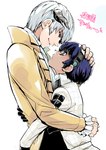 blue_hair duo grey_hair hair horn hug male male/male size_difference pinkjunkie_dc metaphor:_refantazio leon_strohl_da_haliaetus will_(metaphor:_refantazio) clemar elda horned_humanoid human humanoid mammal hi_res