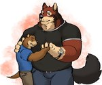anthro canid canine canis chase_hunter duo echo_(game) echo_(series) echo_project embrace fuddyblog hand_holding hi_res leo_alvarez looking_at_viewer male male/male mammal muscular muscular_anthro muscular_male mustelid otter size_difference wolf
