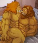 abs anthro bed biceps big_muscles claws clothed clothing duo fur furniture male male/male muscular muscular_male obliques pecs topless triceps wildheit felid lion mammal pantherine 2017