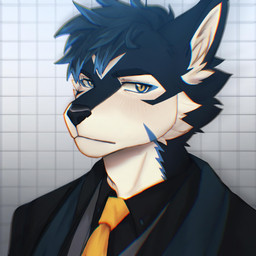 accessory anthro clothing fur fur_markings geometric_background grid_background hair male markings multicolored_hair necktie pattern_background simple_background solo suit yellow_eyes discordnight_(artist) thunderrangers archermagnum canid canine canis mammal wolf 1:1 2022 absurd_res hi_res
