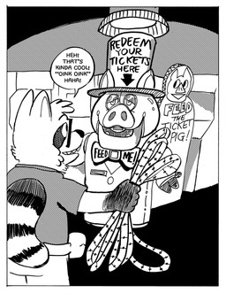 anthro arcade eyewear fanny_pack glasses male snout solo ticket ticket_machine billy_fore domestic_pig mammal procyonid raccoon suid suine sus_(pig) black_and_white hi_res monochrome