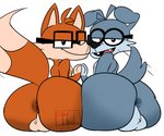 anthro anus backsack balls big_butt butt dipstick_tail duo eyewear foury genitals glasses male male/male markings nerd short_stack tail tail_markings tail_motion tailwag eljelicsnsfw fivethirtyeight fivey_fox canid canine canis domestic_dog fox mammal absurd_res hi_res