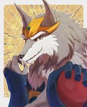 anthro armor armwear black_nose claws clothed clothing eyebrows finger_claws fluffy fur fur_tuft grey_body grey_claws grey_ears grey_fur looking_at_viewer male shoulder_guard solo teeth tuft okayung wild_knights_gulkeeva greyfus canid canine canis mammal wolf 2022 hi_res