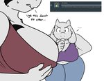 anthro asriel_dreemurr_(god_form) big_breasts bodily_fluids boss_monster_(undertale) bovid breast_envy breasts caprine cleavage clothed clothing crossgender duo ellipsis english_text female fur goat hand_behind_back horn huge_breasts long_ears mammal markings mature_anthro mature_female mtf_crossgender robertge simple_background stare sweat text thinking toriel undertale undertale_(series) white_background white_body white_fur wide_hips
